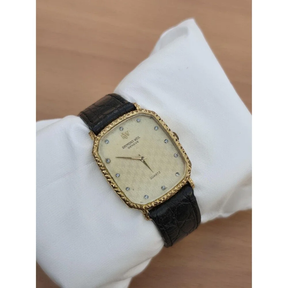 VTG Raymond Weil Geneve Champagne Watch 18K Gold Electroplated 9528 Rhinestone
